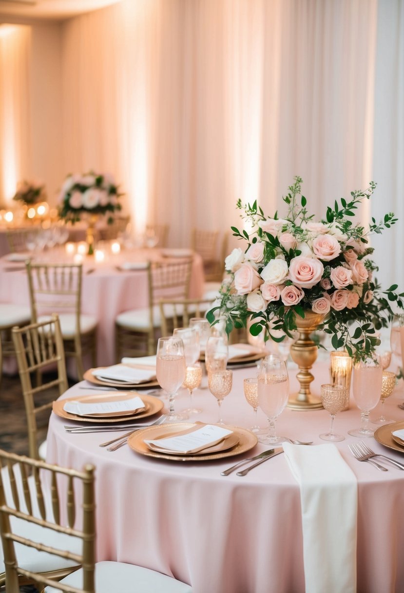 A soft pink and champagne color scheme with delicate floral arrangements and elegant table settings in a romantic wedding reception setting