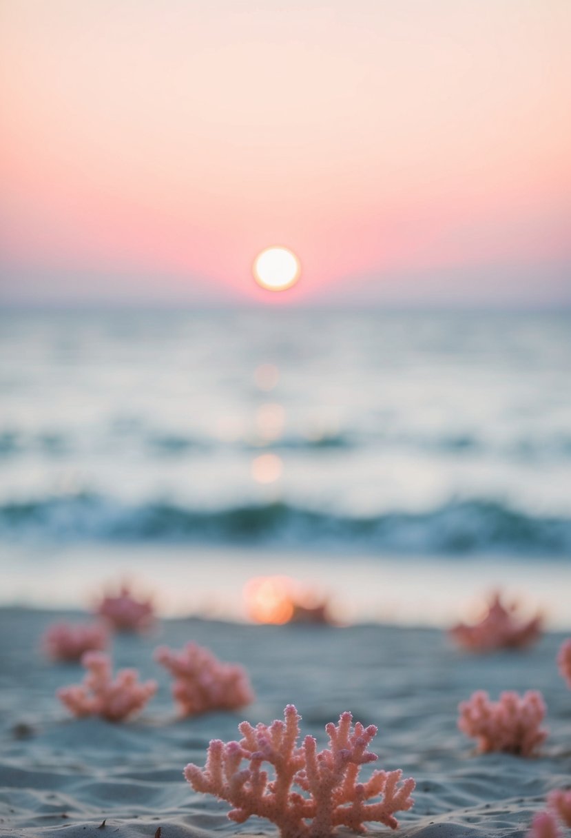 A soft pink sunset over a tranquil beach with coral and blush flowers scattered across the sand