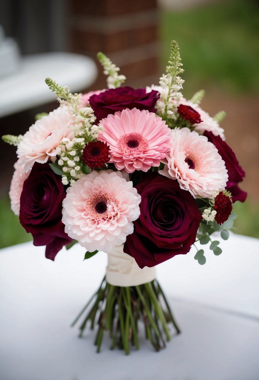 Soft pink and plum red flowers arranged in a delicate wedding bouquet