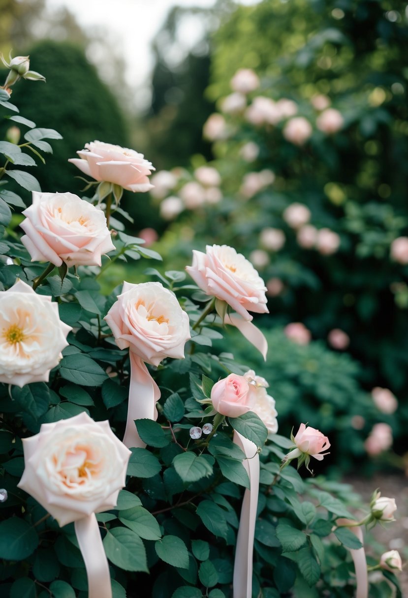 A serene garden with blooming pale pink roses and lush emerald green foliage, accented with delicate pink ribbons and sparkling jewels