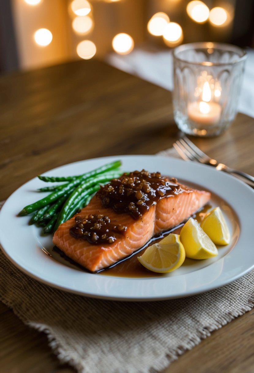 A plate of brown sugar glazed salmon with sides, set on a wooden table with soft lighting and a cozy ambiance