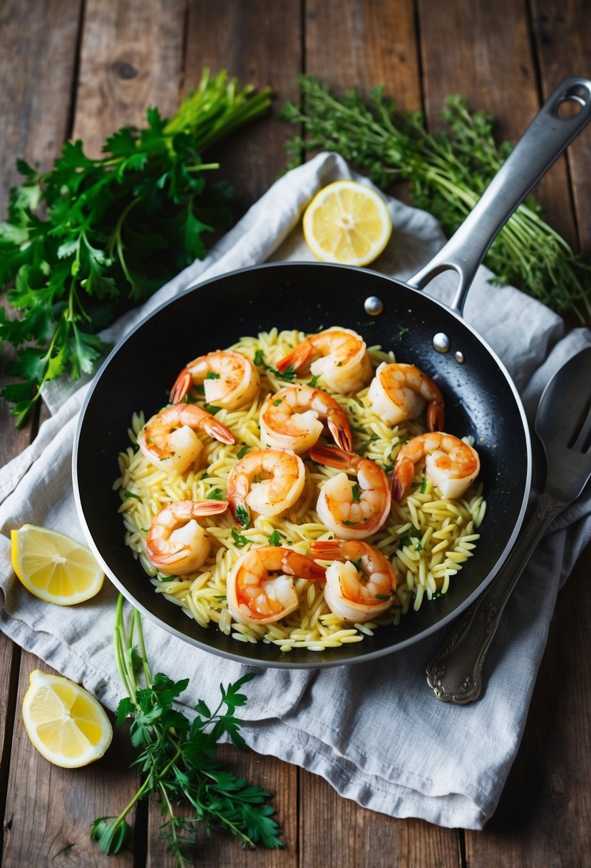 A sizzling pan of garlic-butter shrimp and orzo on a rustic wooden table, surrounded by fresh herbs and lemon wedges