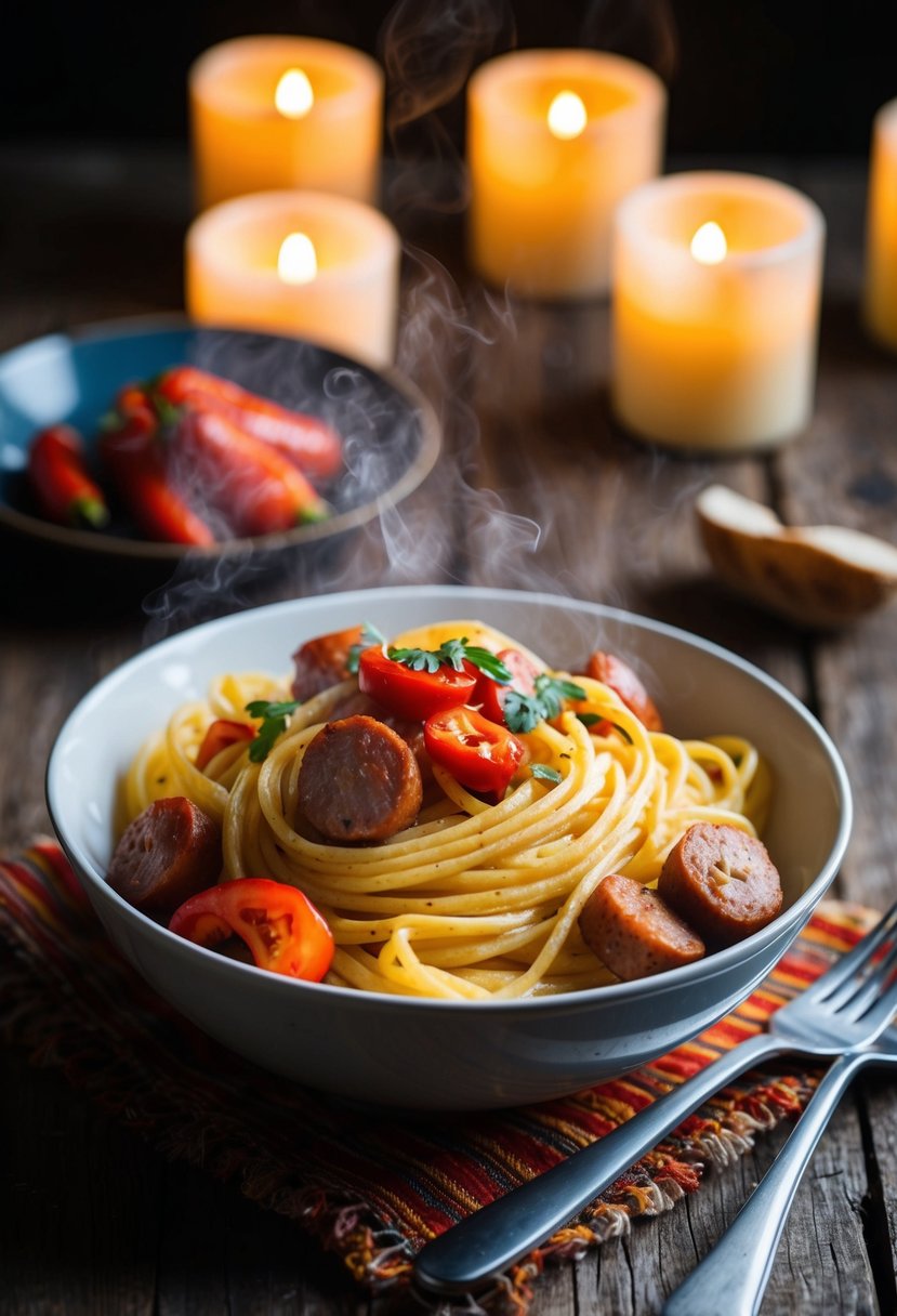 A steaming bowl of creamy pasta with roasted red peppers and sausage on a rustic wooden table, surrounded by flickering candlelight