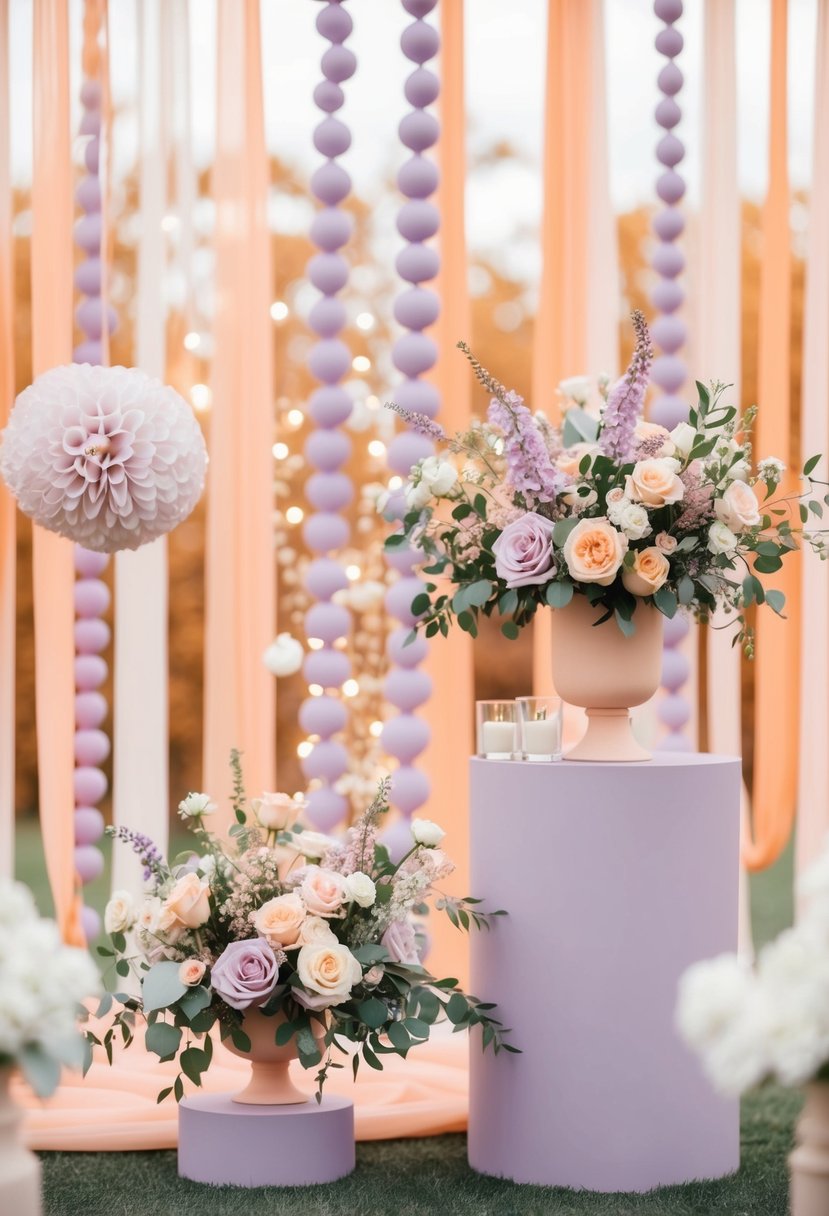 A peach and lilac wedding scene with soft pastel decorations and delicate floral arrangements