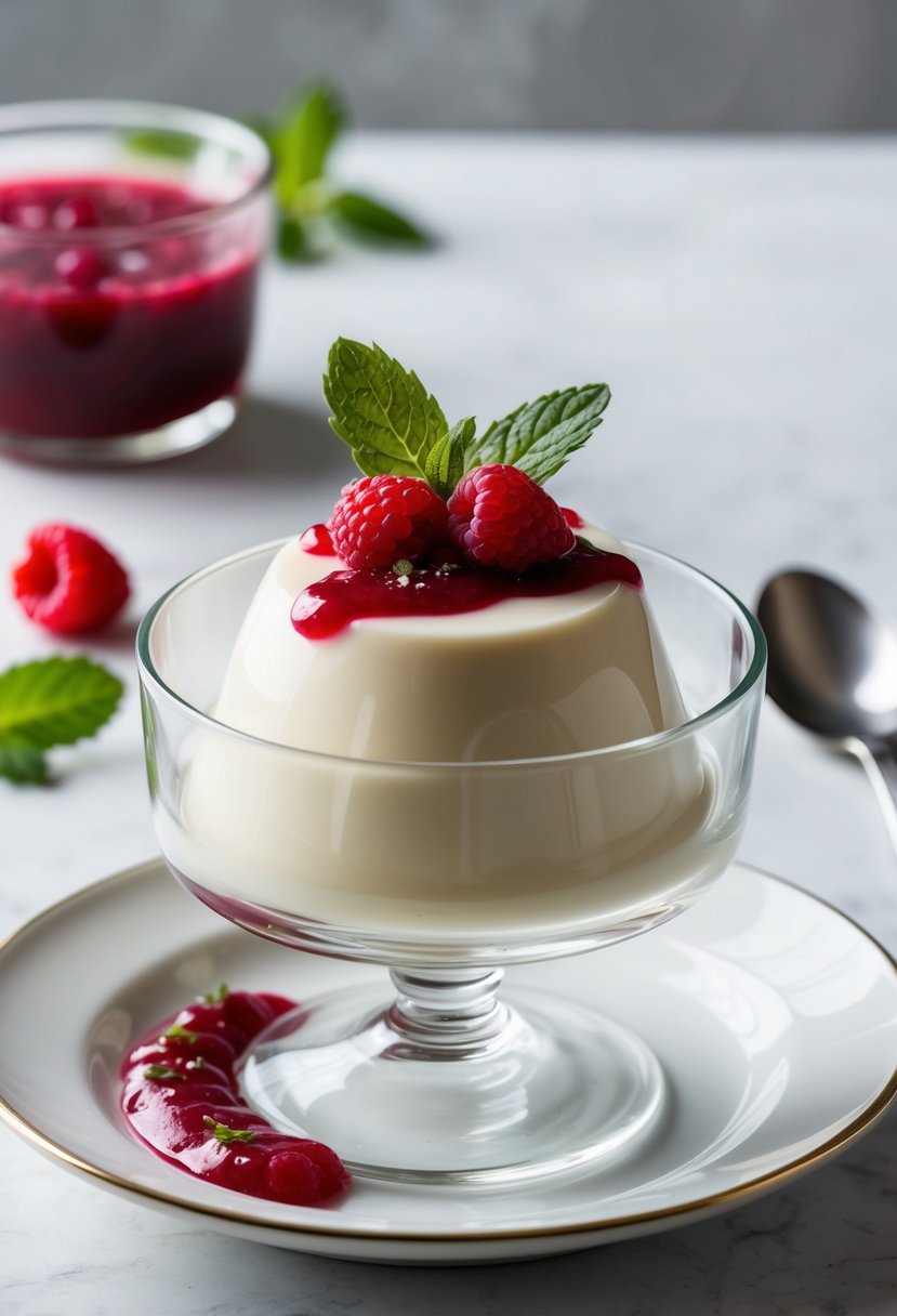 A delicate vanilla panna cotta served in a clear glass dish, adorned with a drizzle of raspberry coulis and a sprinkle of fresh mint leaves