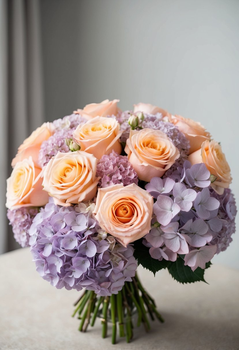 A lush bouquet of peach roses and lilac hydrangeas arranged in a romantic and elegant manner