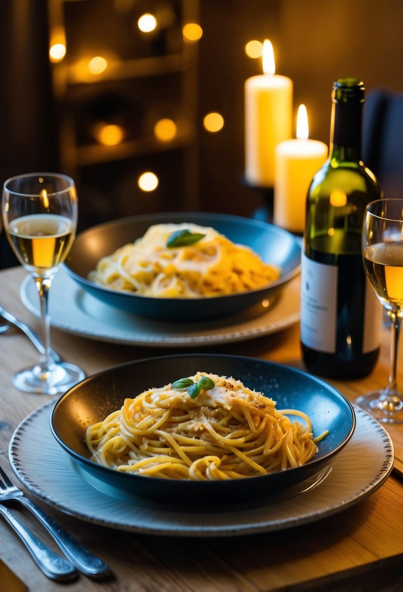 A cozy dinner table set with two plates of steaming spaghetti carbonara, accompanied by a bottle of wine and flickering candlelight