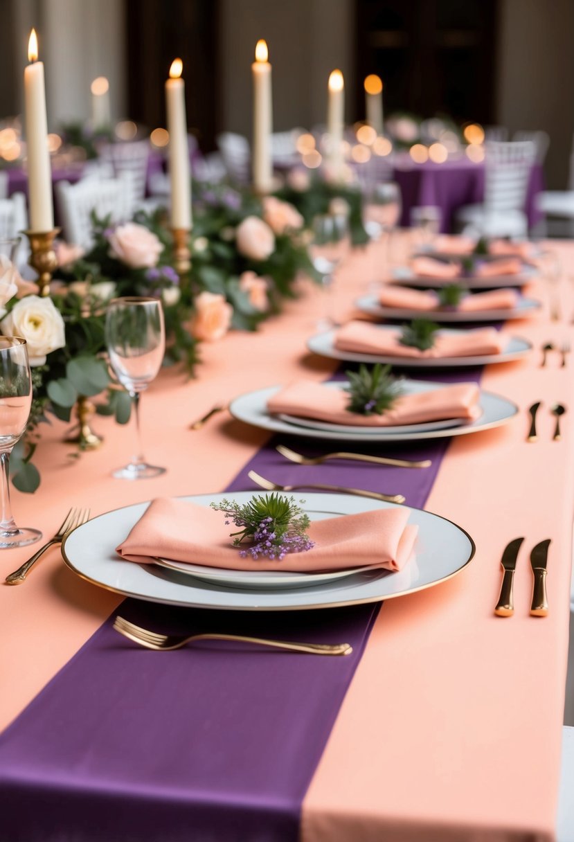 Peach table runners complement lilac napkins on elegant wedding tablescapes