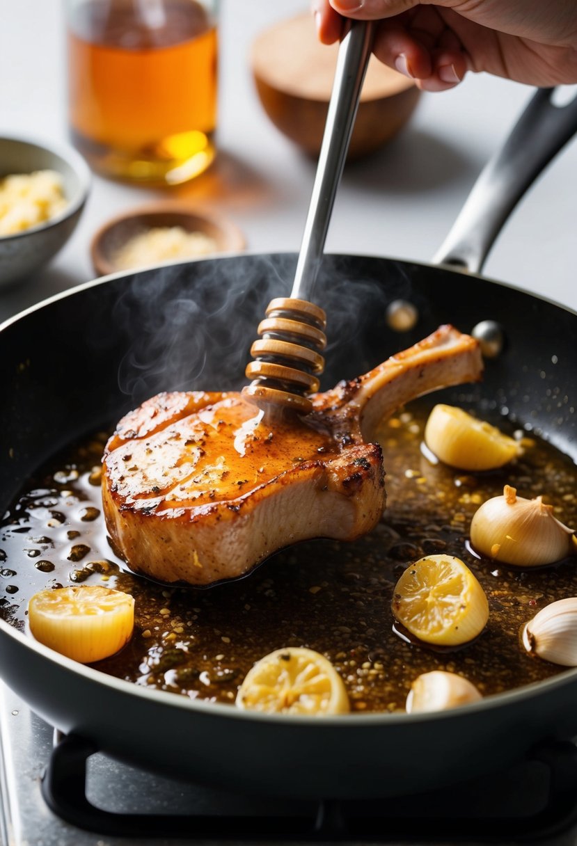 A sizzling pork chop cooks in a pan with honey and garlic, filling the kitchen with a mouthwatering aroma