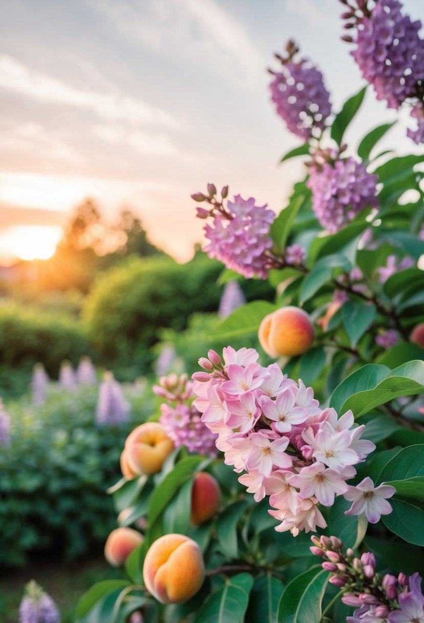 A serene garden with peach and lilac flowers blooming under a soft sunset sky