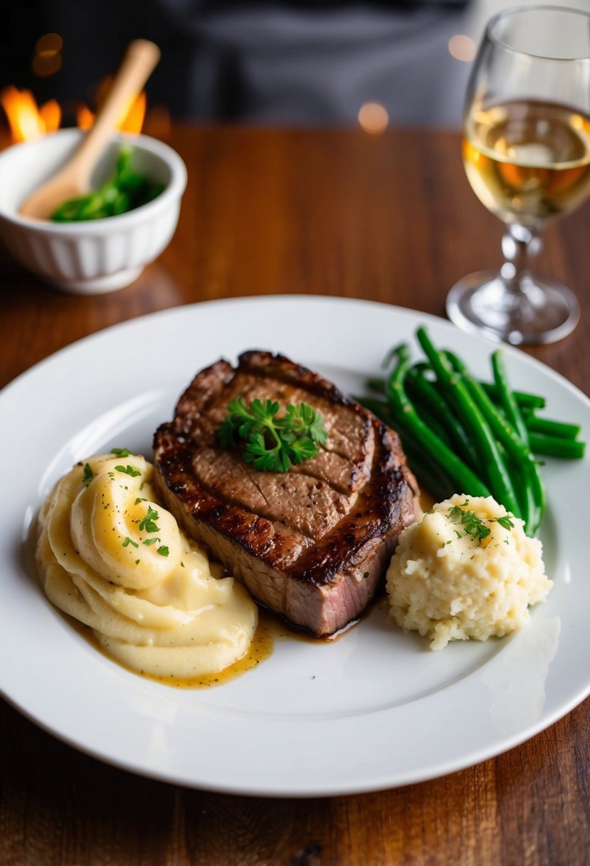 A sizzling steak Diane dish served on a white plate with a side of creamy mashed potatoes and steamed vegetables