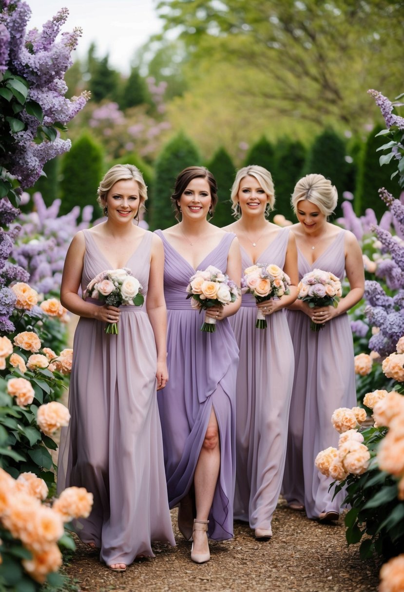 Bridesmaids in lilac gowns with peach accessories walk through a garden filled with lilac and peach flowers