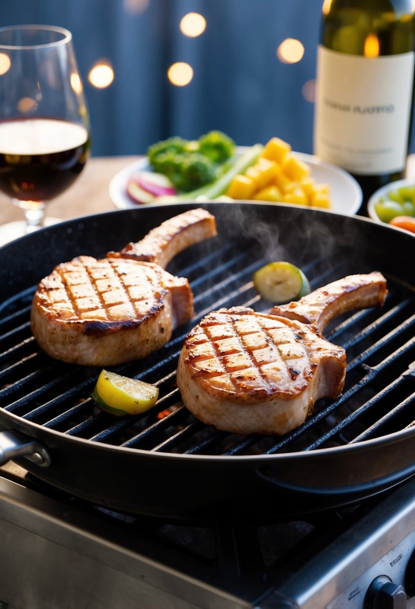 Two succulent pork chops sizzling on a hot grill, with grill marks forming as they cook. A side of vegetables and a bottle of wine complete the picture