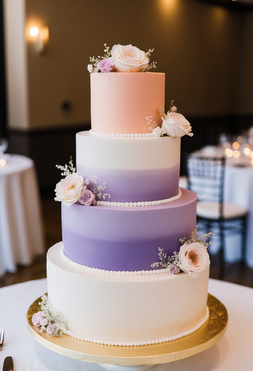 A three-tiered wedding cake with a smooth ombre transition from peach to lilac, adorned with delicate floral accents