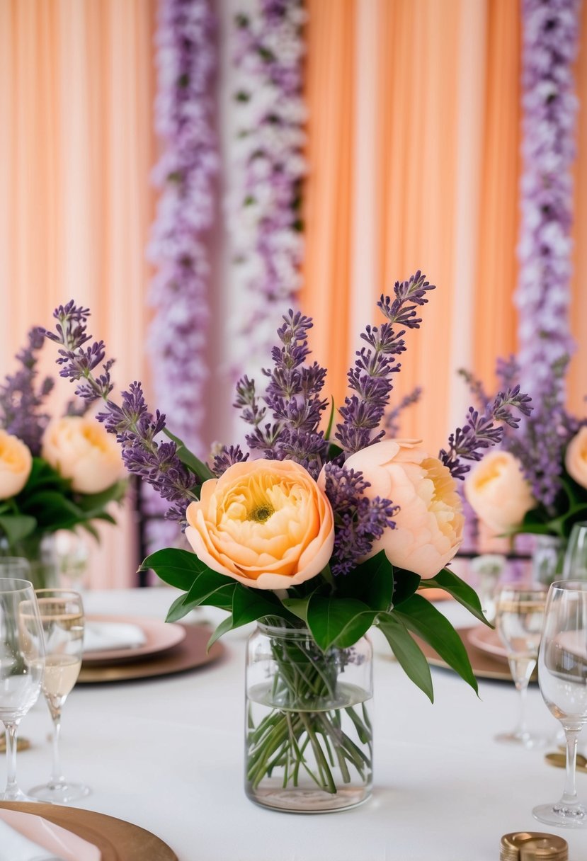 A table adorned with peach floral centerpieces, accented with lilac lavender sprigs, set against a backdrop of peach and lilac wedding decor