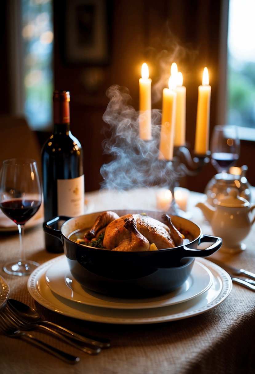 A cozy table set with a steaming pot of coq au vin, surrounded by flickering candlelight and a bottle of red wine