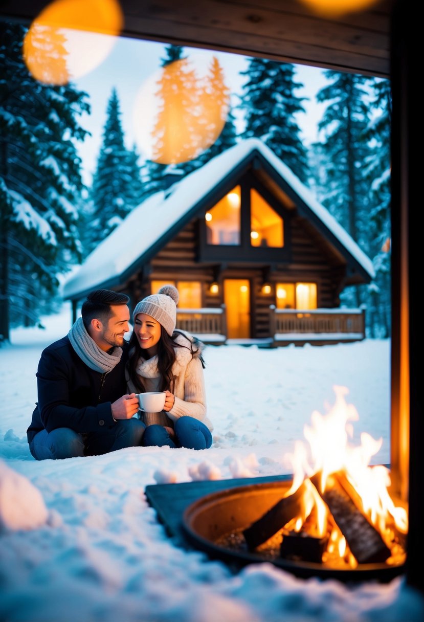 A cozy cabin nestled in a snowy forest, with a warm fire burning inside and a couple enjoying a cup of hot cocoa together