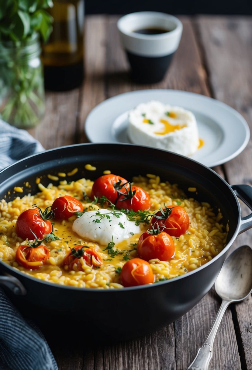 A bubbling pot of risotto with blistered tomatoes and creamy burrata on a rustic wooden table