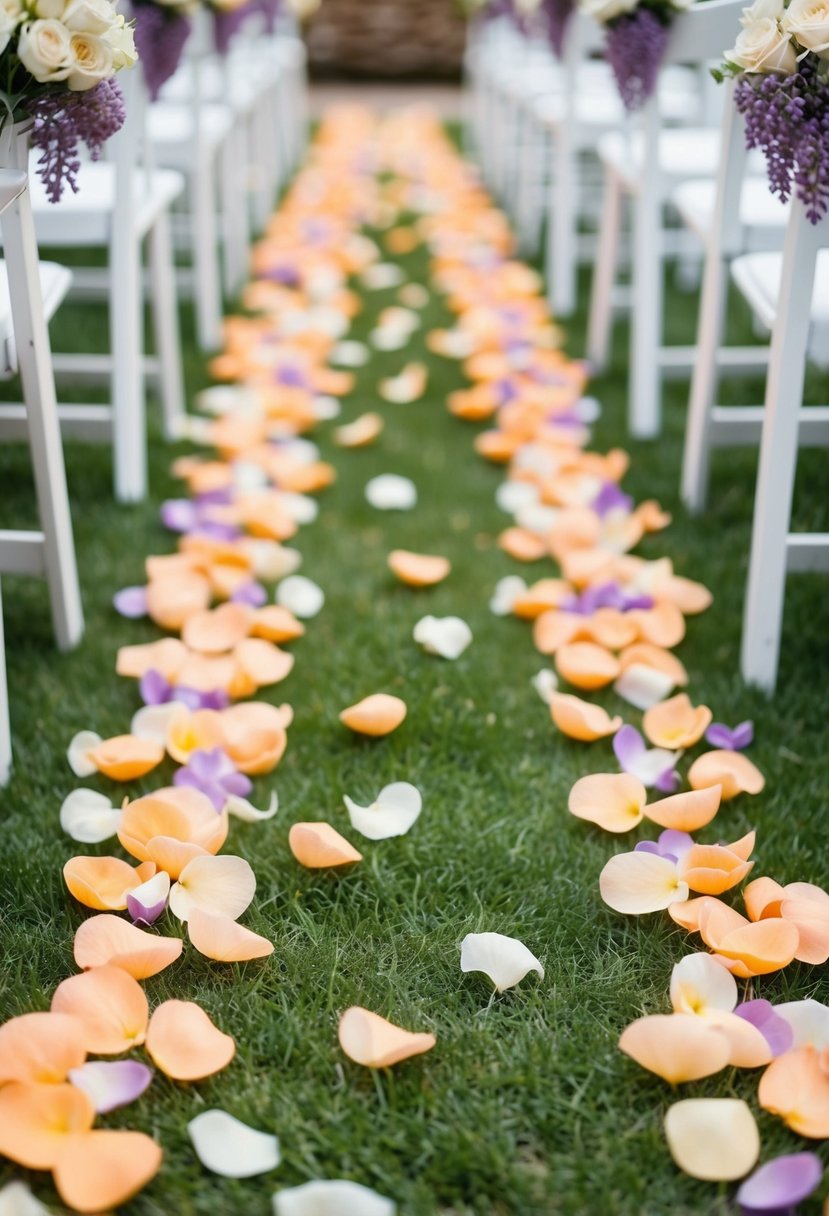 Peach and lilac petals line the ceremony aisle, creating a soft and romantic atmosphere