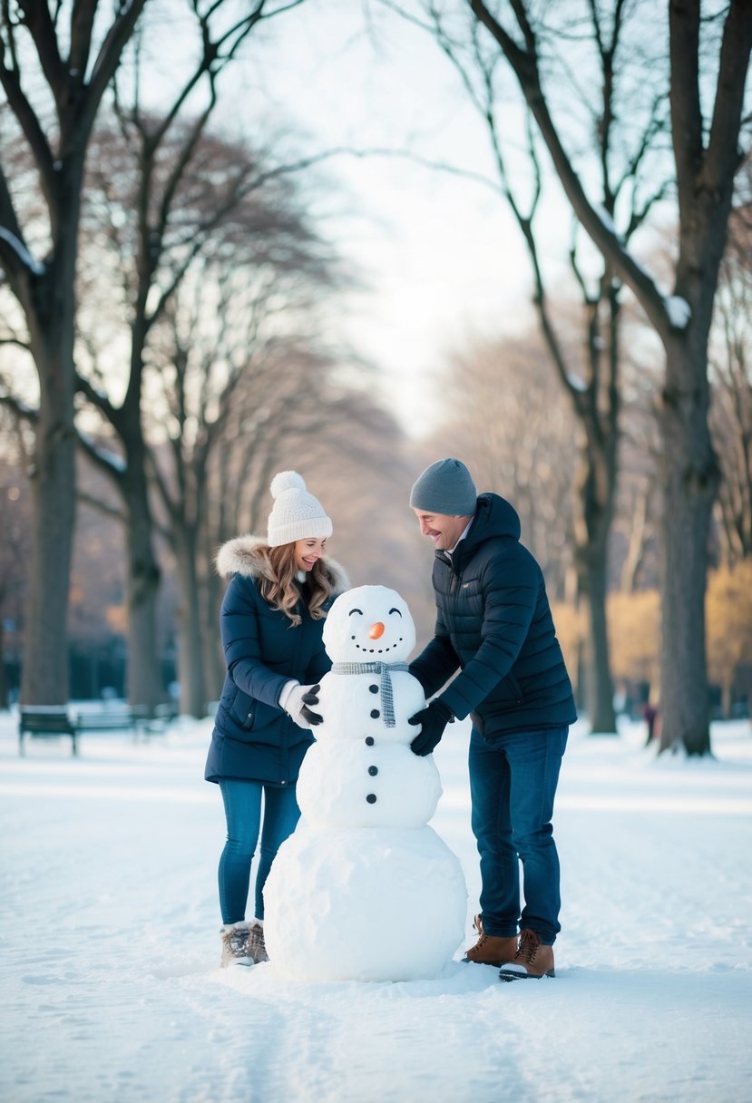 A couple builds a snowman together in a snowy park, surrounded by trees and a peaceful winter landscape