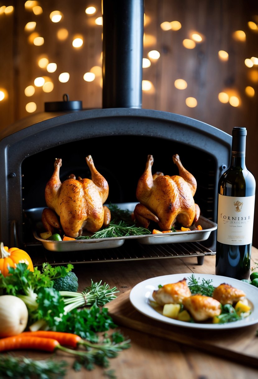 Two Cornish hens roasting in a rustic oven, surrounded by fresh herbs, vegetables, and a bottle of wine on a wooden table