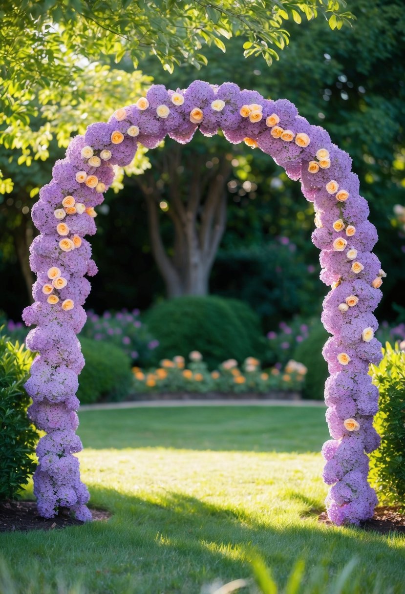 A lilac arch with peach flowers stands in a garden, surrounded by lush greenery and bathed in soft sunlight