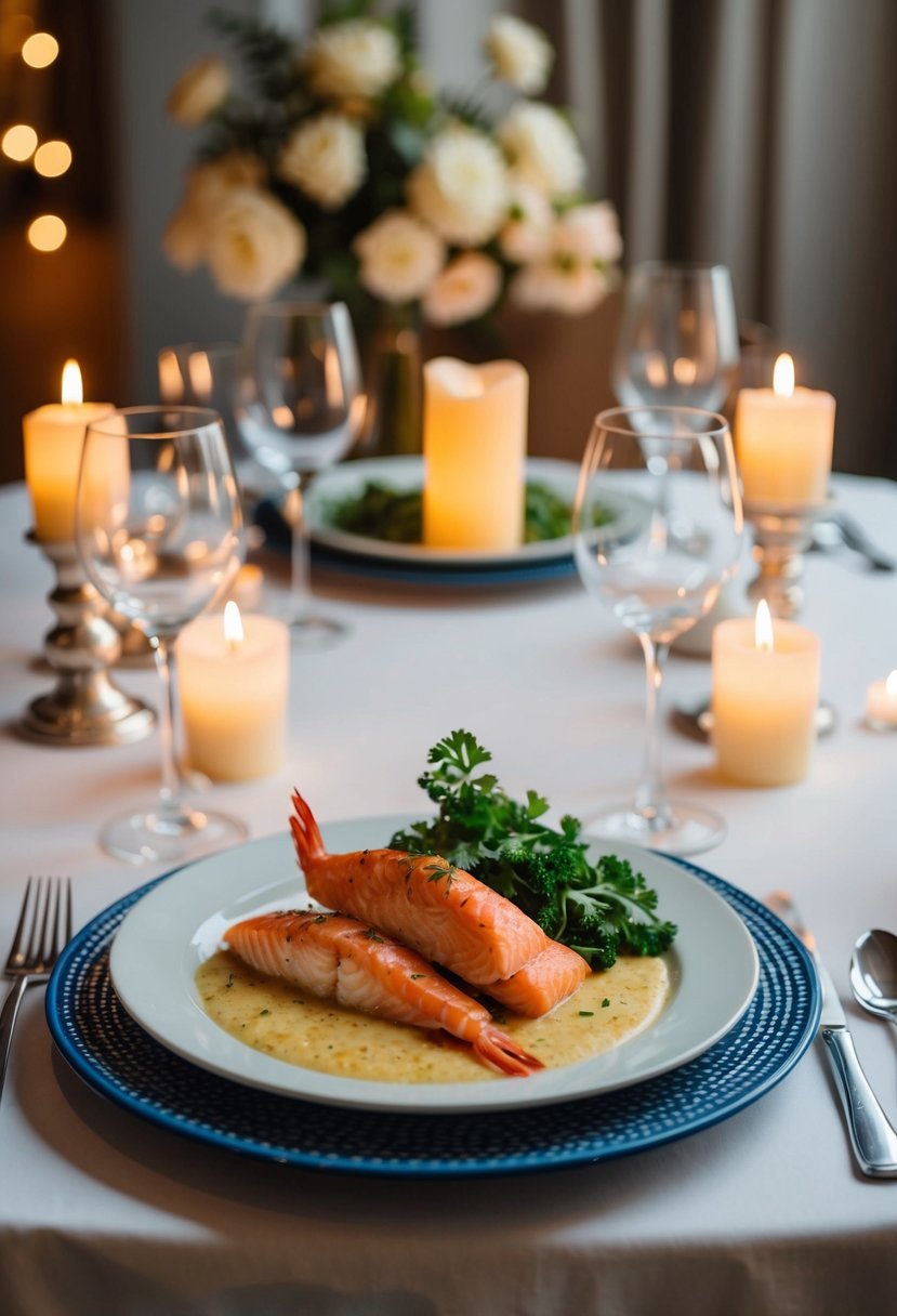 A table set with a plate of scampi and salmon/shrimp, surrounded by candles and wine glasses