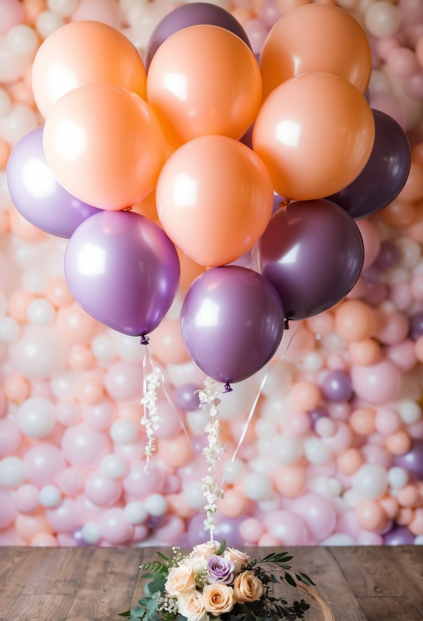 Peach and lilac balloons fill the photo backdrop, creating a dreamy and romantic atmosphere for a wedding celebration