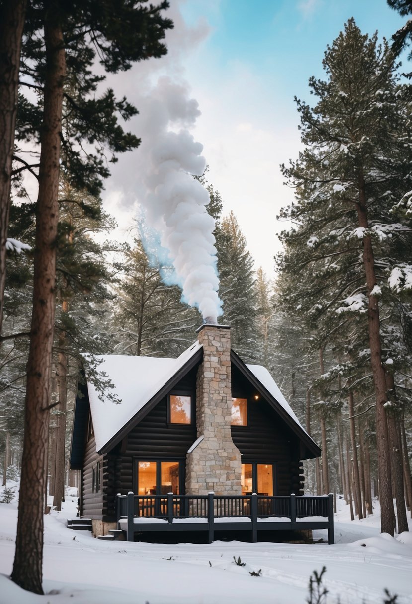 A cozy cabin nestled in snowy woods, smoke rising from the chimney, surrounded by pine trees and a light dusting of snow