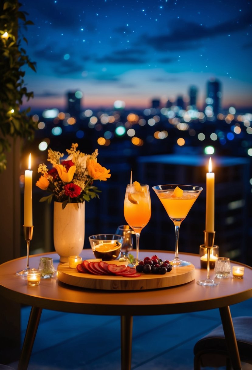 A candlelit table with two cocktails, a charcuterie board, and a vase of flowers, set against a backdrop of city lights and a starry sky