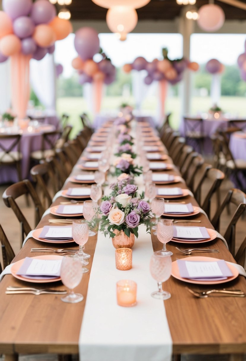 A table set with lilac stationery and peach accents, arranged for a wedding celebration