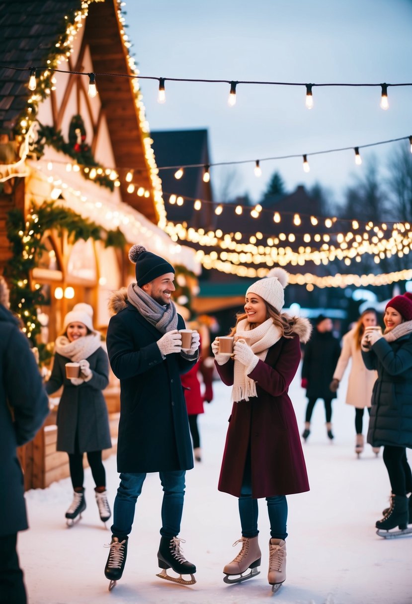 A cozy winter festival scene with couples ice skating, sipping hot cocoa, and admiring twinkling lights and festive decorations