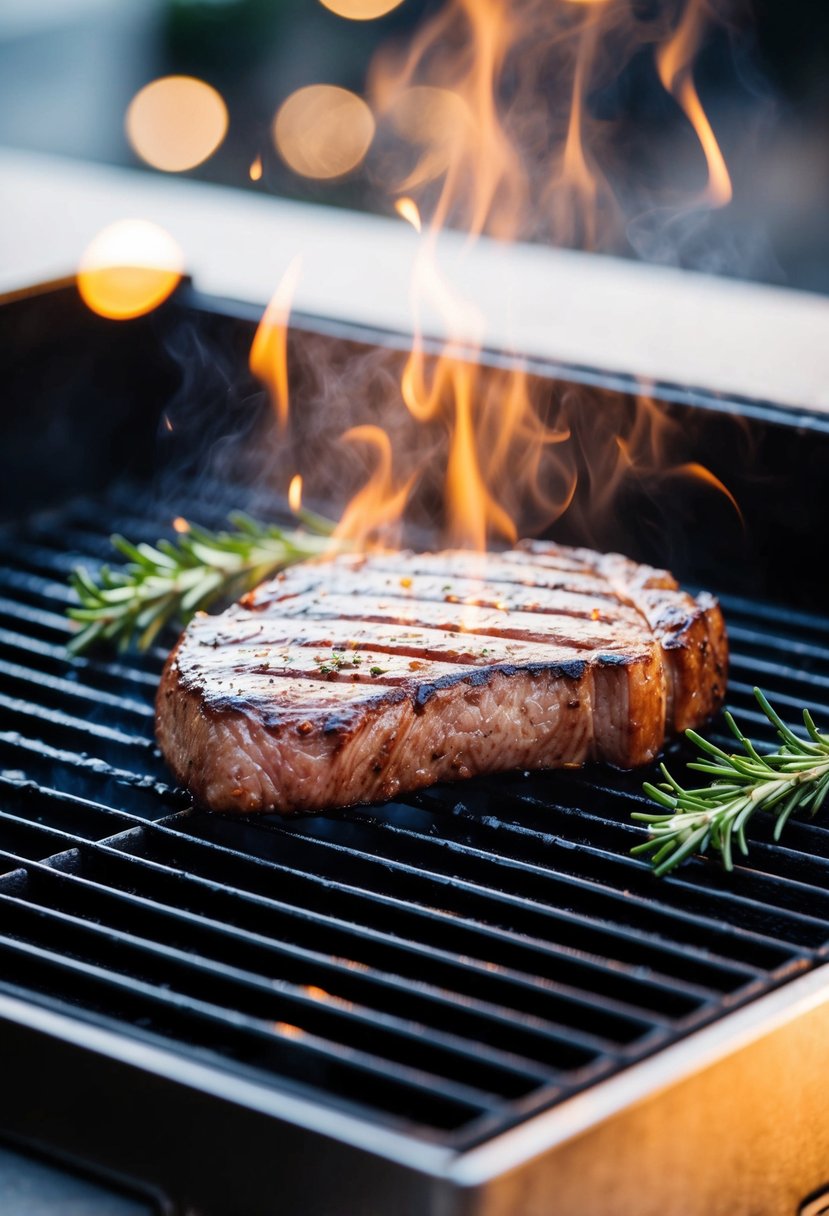 A sizzling steak sits on a hot grill, searing to perfection. The grill marks are visible, and the steak is surrounded by a few sprigs of rosemary