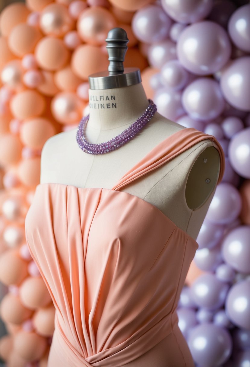 A peach dress draped over a mannequin adorned with lilac jewelry, set against a backdrop of peach and lilac wedding decor