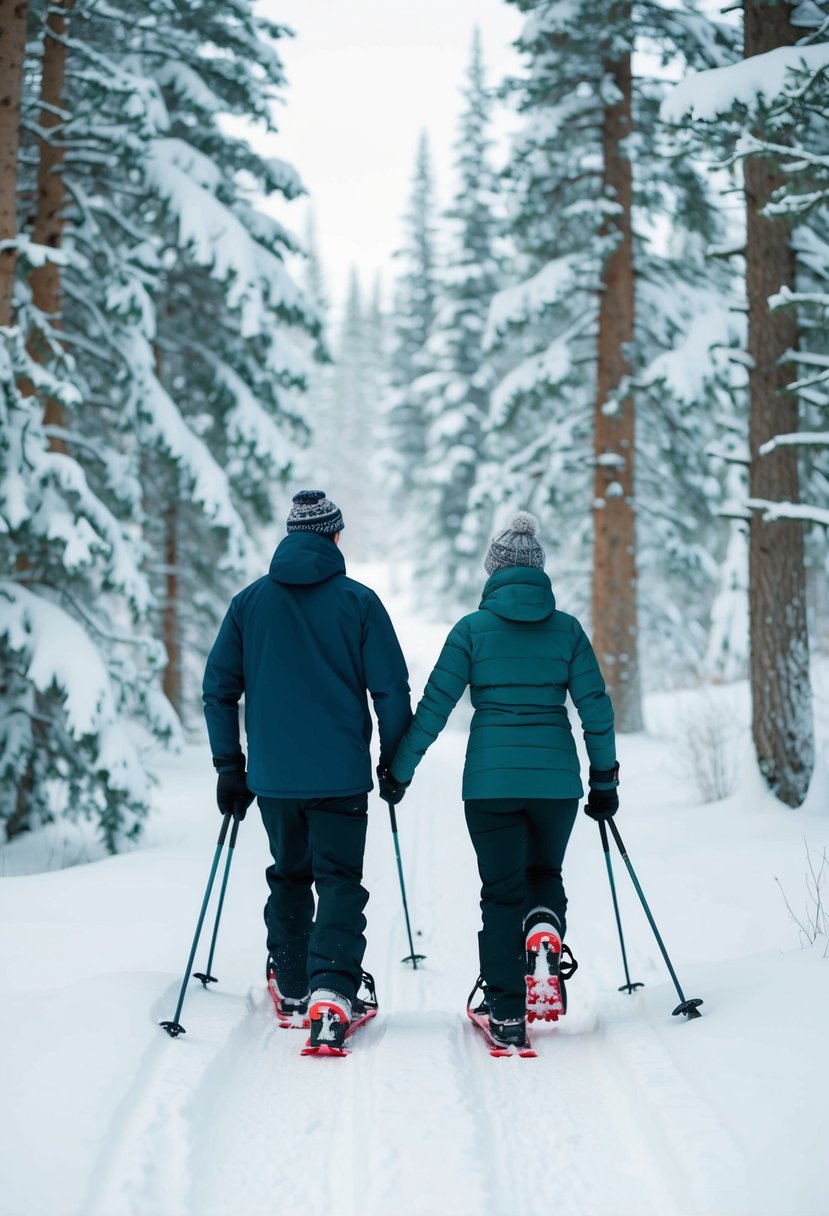 A couple snowshoeing through a pristine winter forest, with snow-covered trees and a winding trail leading into the distance