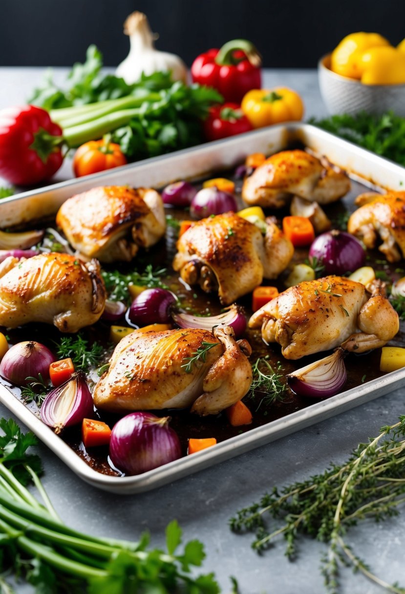 A sheet pan filled with roasted red onion chicken, surrounded by colorful vegetables and herbs