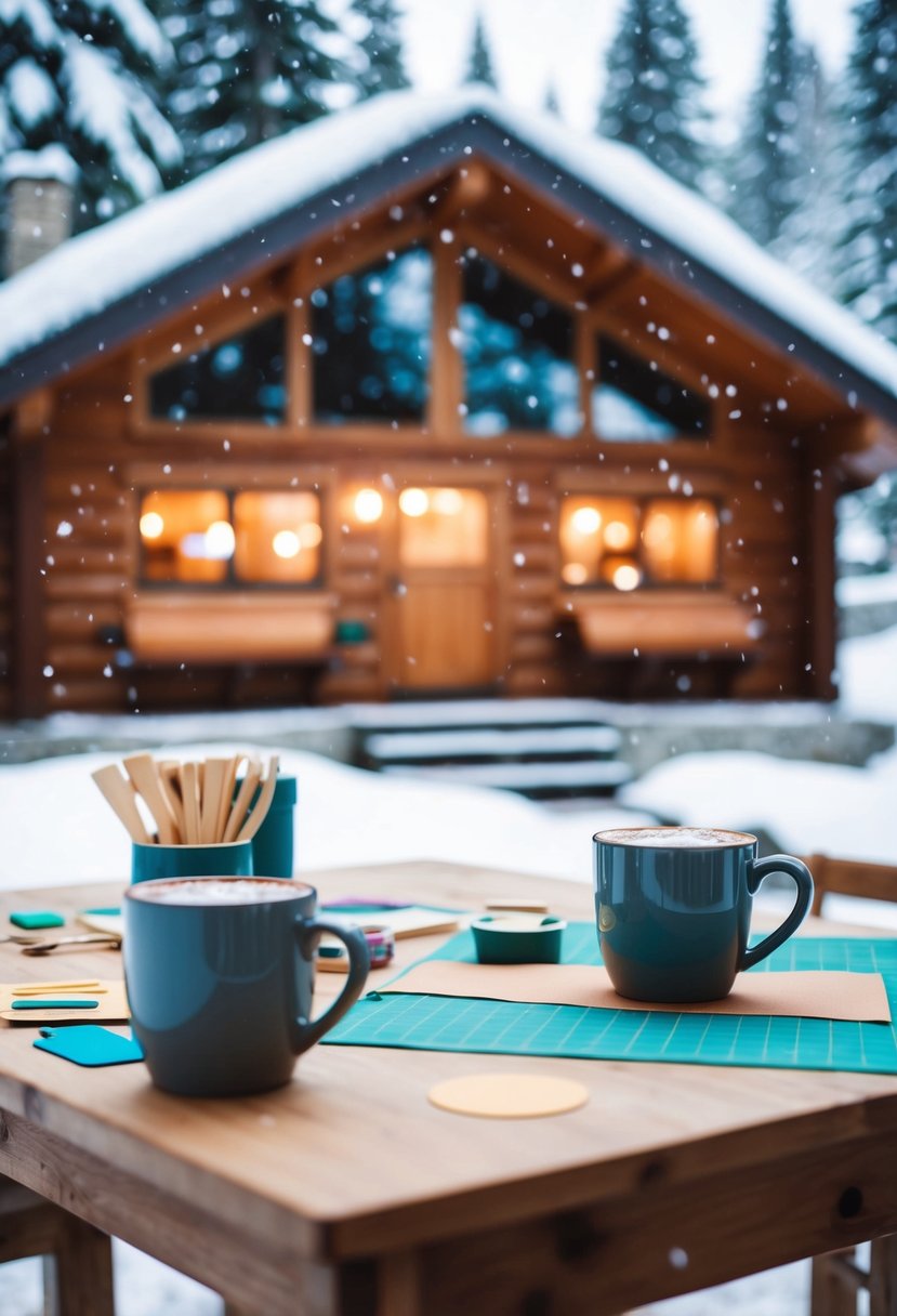 A cozy cabin with snow falling outside, a table set with craft supplies, and two mugs of hot cocoa