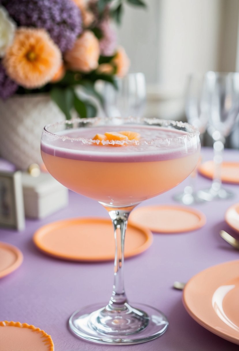 A glass filled with a pale lilac and peach signature cocktail sits on a table adorned with peach and lilac wedding decor