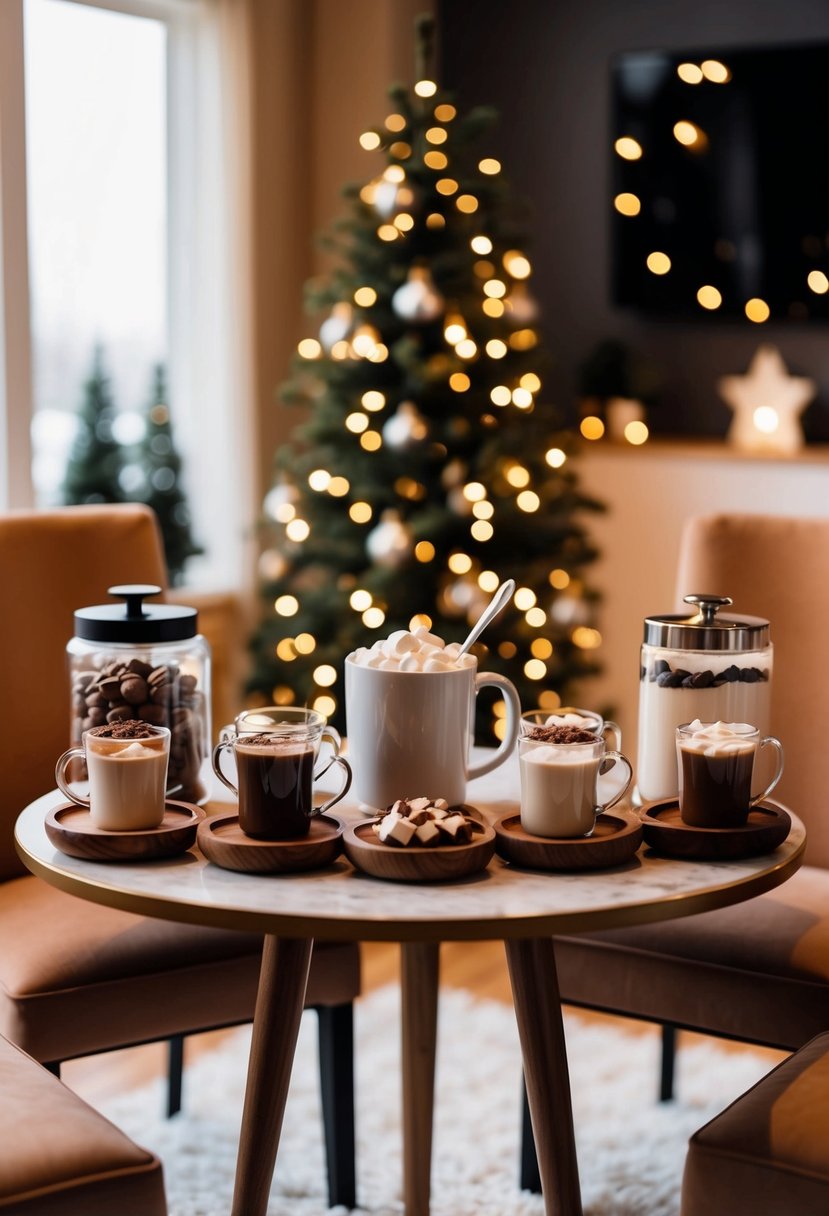 A cozy winter scene with a variety of hot chocolate ingredients displayed on a table, surrounded by two chairs and a warm, inviting atmosphere