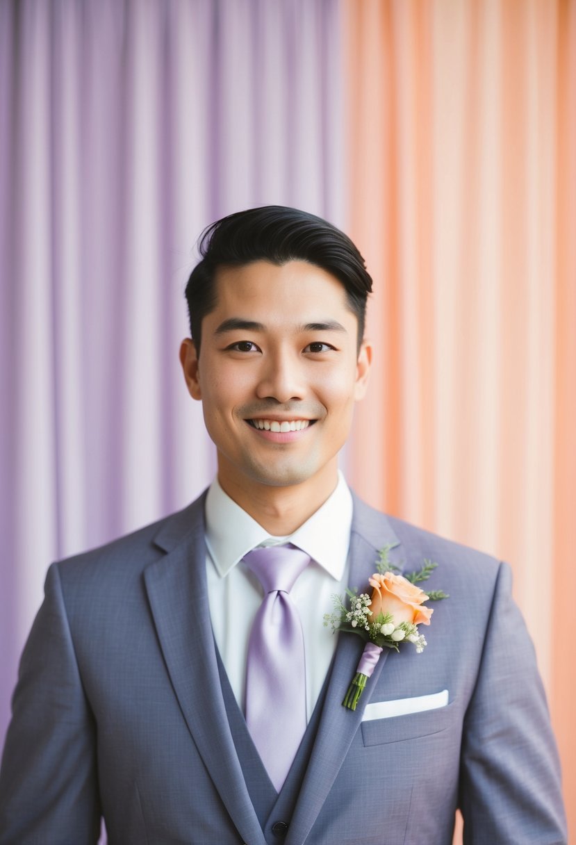 A groom with a lilac tie and peach boutonniere stands against a soft lilac and peach wedding backdrop