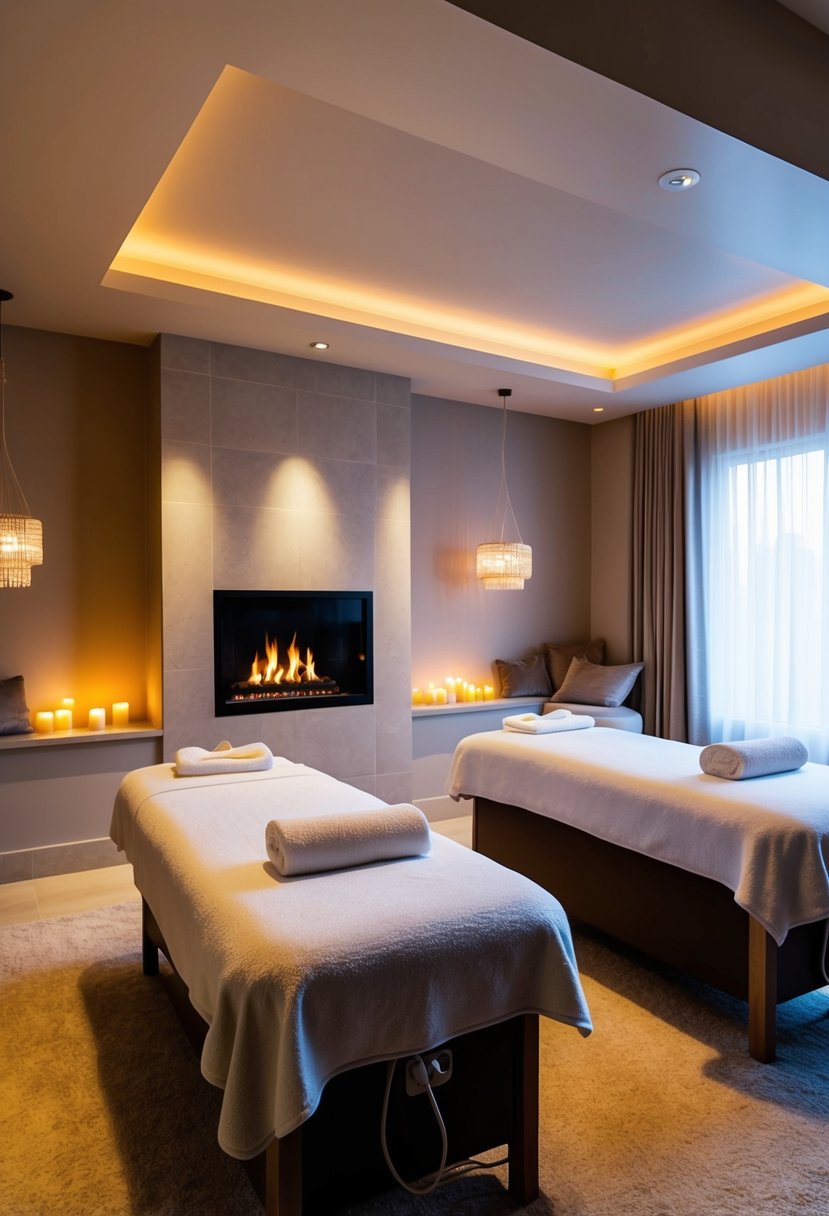 A cozy spa room with two massage tables, soft lighting, and a fireplace. Aromatherapy candles and soothing music create a relaxing atmosphere