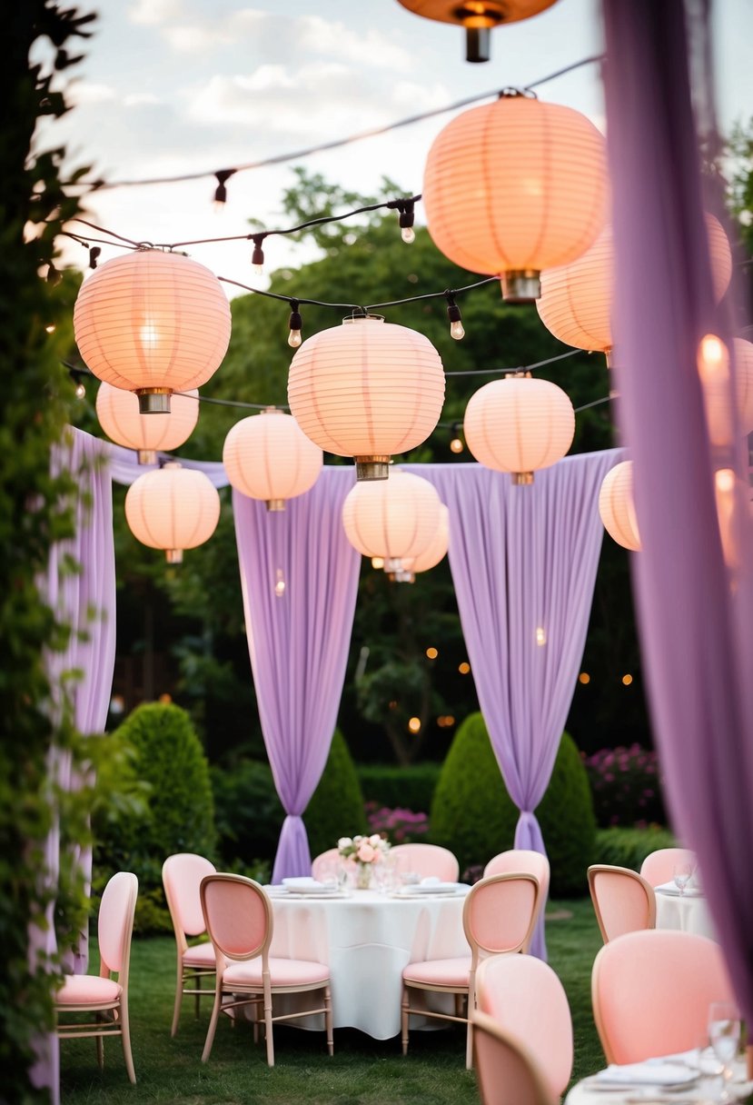 Peach lanterns hang around lilac-draped seating areas in a garden setting