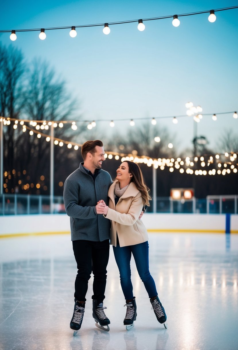 A couple glides across a local ice rink, surrounded by twinkling lights and the sound of laughter