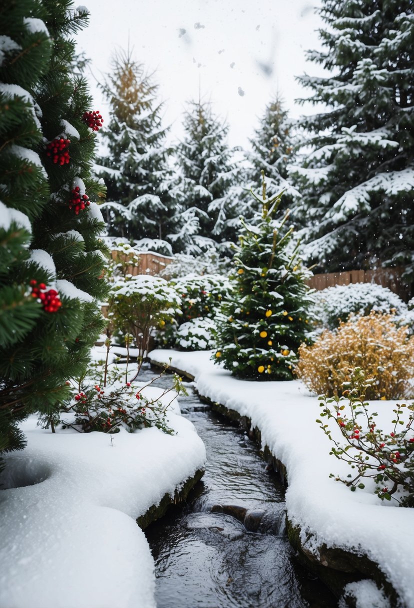 Snow-covered garden with evergreen trees, holly bushes, and colorful berries. A small stream flows through the scene, with icy patches and delicate snowflakes falling from the sky