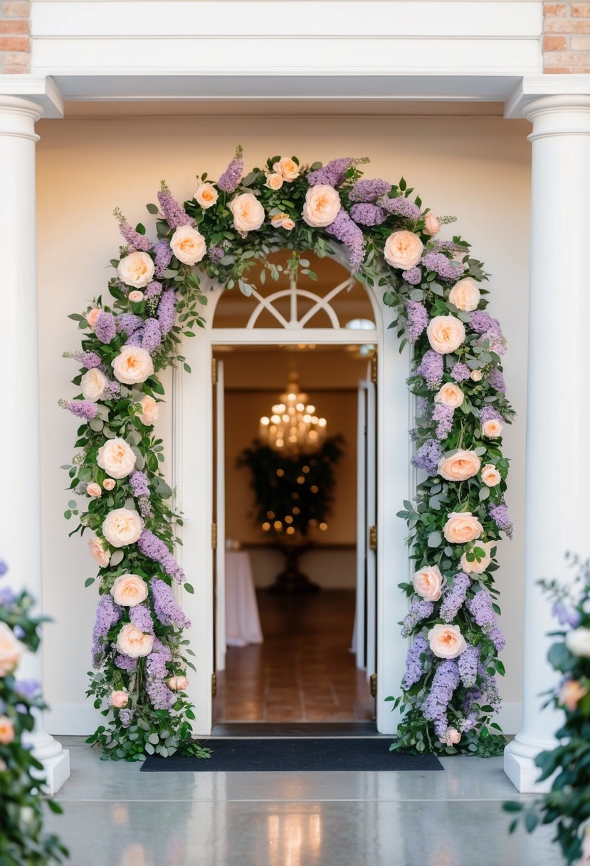 Peach and lilac wreaths adorn the reception entrance, creating a soft and romantic atmosphere