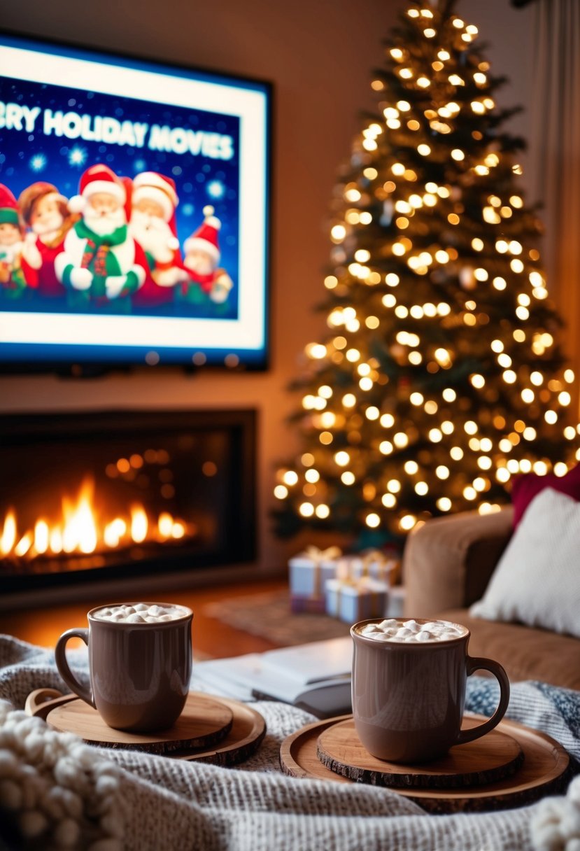 A cozy living room with a glowing fireplace, twinkling holiday lights, and a big screen showing classic holiday movies. Two mugs of hot cocoa sit on a table surrounded by blankets and pillows