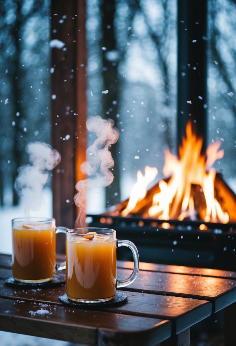 A cozy fireplace with two mugs of steaming cider on a wooden table. Outside, snow falls softly, creating a serene winter scene