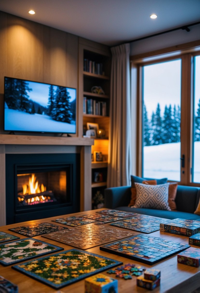 A cozy living room with a crackling fireplace, a table set with a variety of intricate puzzles and games, soft ambient lighting, and a window revealing a snowy winter landscape outside