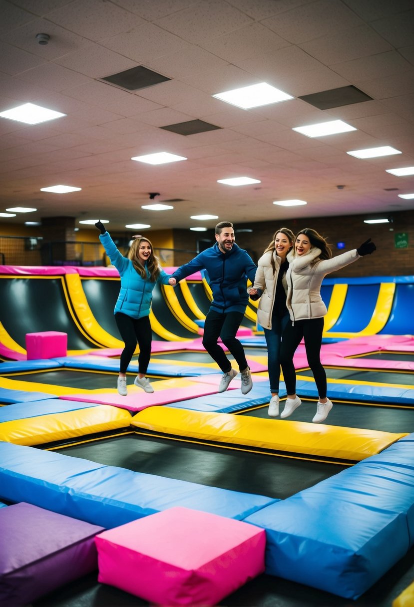 A bustling indoor trampoline park, filled with colorful trampolines, foam pits, and energetic couples enjoying a fun and active winter date