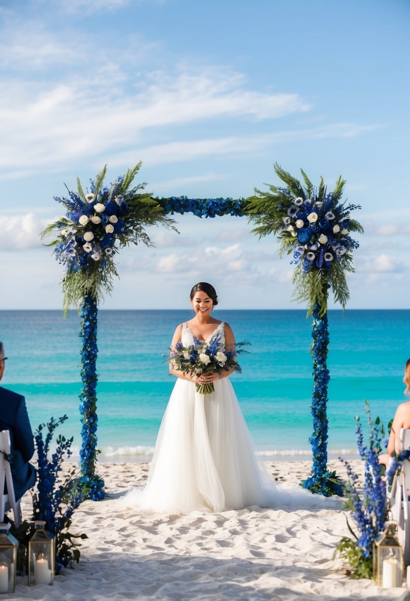 A serene beach wedding with blue ombre sky, turquoise ocean, and indigo floral decor